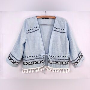 Zara Women’s Blue Textured Fringe Embroidered Boho Tie Front Cardigan Sz M